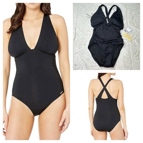 Michael Kors Women’s Deep V One-Piece Criss Cross Back Swimsuit Black Size 6 NEW - Picture 1 of 16